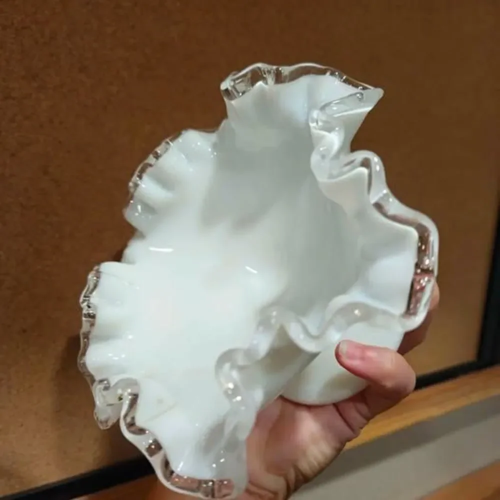 Vintage white opalescent ruffled pedestal glass bowl